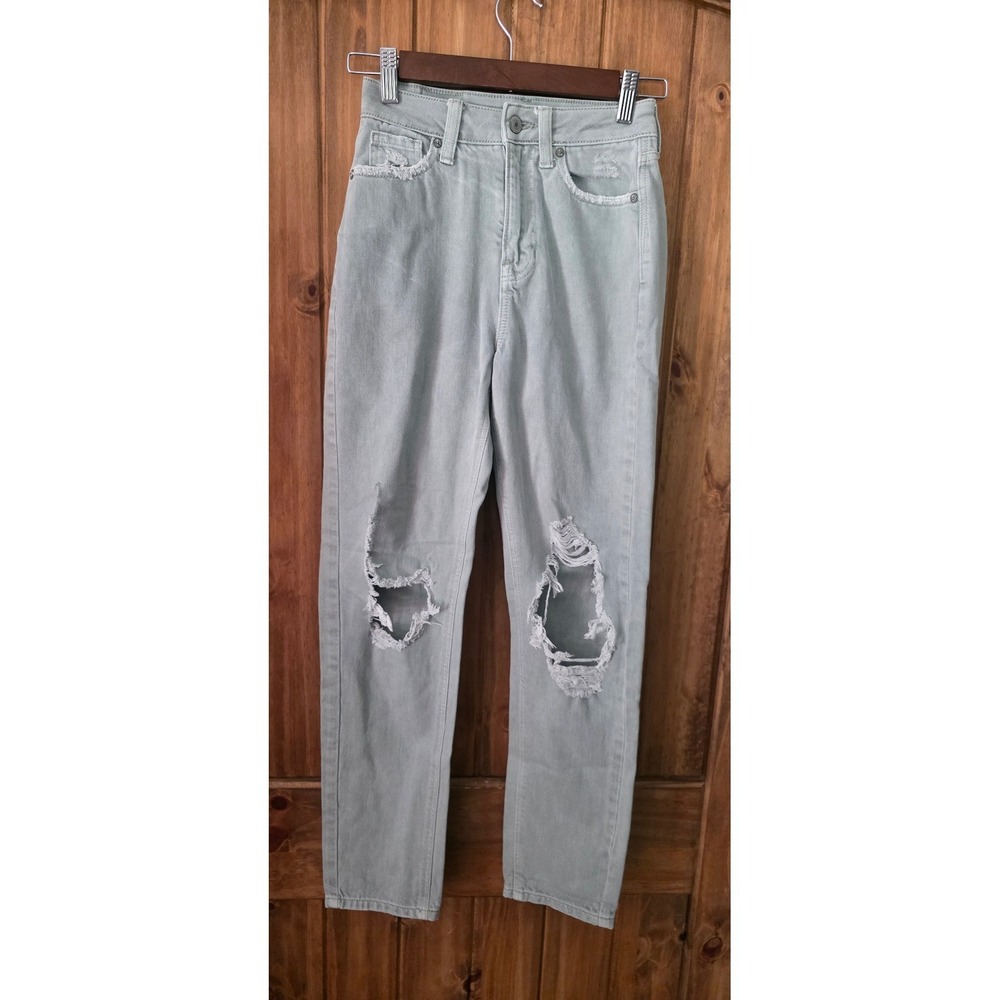 American Eagle Mom Straight Jeans Womens 0 Sage Green Excellent Distressed Denim